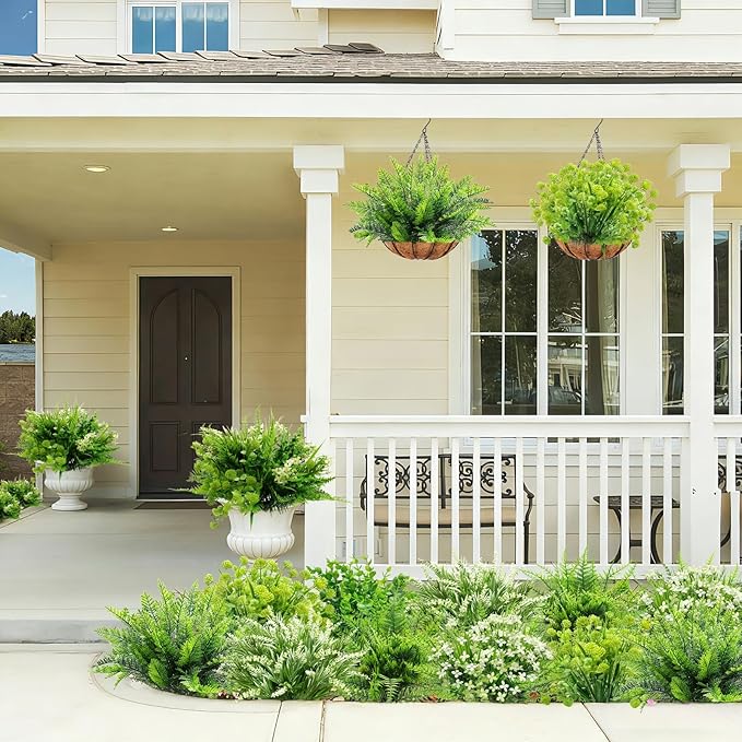 24 Bundles 6 Styles Artificial Plants Flowers for Outdoors Spring Summer Decor, UV Resistant No Fade Faux Plants Plastic Greenery Shrubs, Fake Fern Lavender Boxwood for Gardens Porch Yards Home Decor
