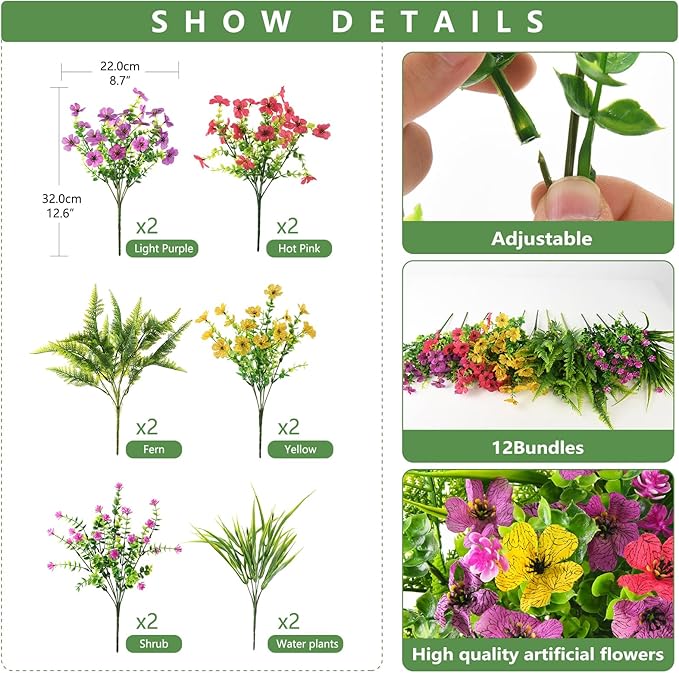 INQCMY Artificial Flowers for Outdoors Faux Plants Fake Flowers Spring Summer Decoration,12 Bundles Faux Silk Colorful Daisy Realistic UV Resistant for Outside Home Planter Window Porch Patio Yard