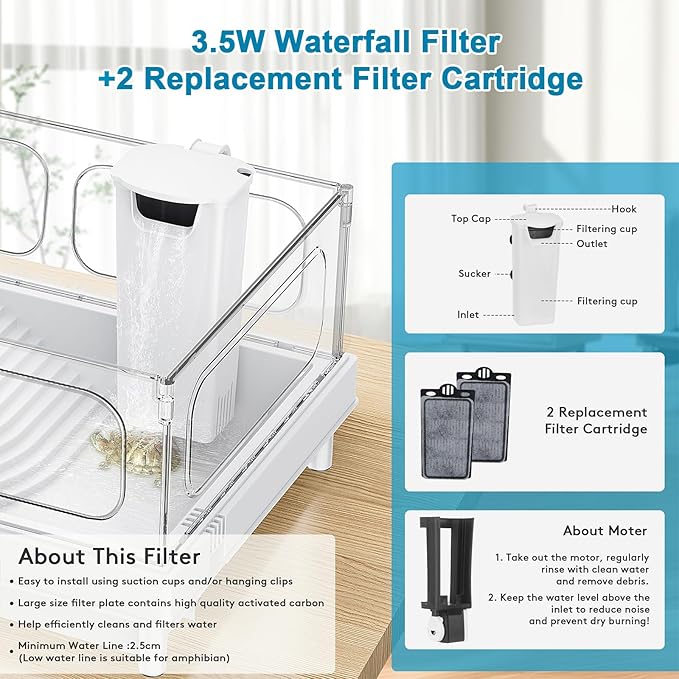 Turtle Tank Kit - Starter Aquarium with Light, Filter, Brush, Easy to Install & Clean, for Turtles, Crabs, Small Reptiles