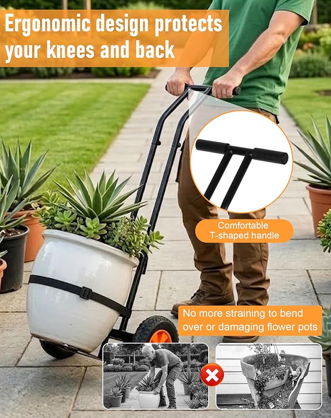 Heavy Duty Plant Caddy with Wheels, Plant Dolly Cart, Adjustable Grabbing Arm & Suction Cups for Easy Plant Movement, Versatile Indoor/Outdoor Plant Dolly Trolley Cart with Strap, Black