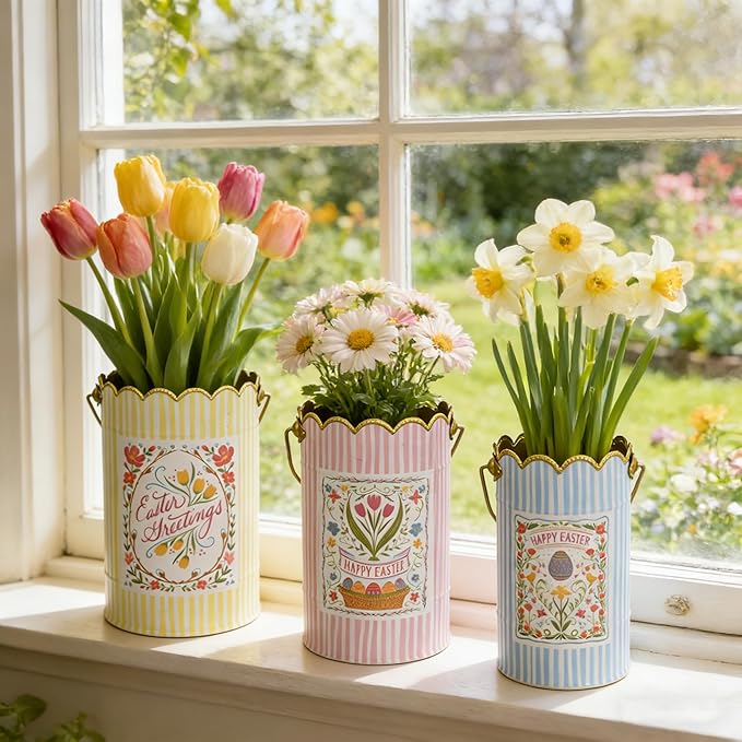 Set of 3 Vintage Floral Metal Bucket, Multi-Size Planters for Flowers & Easter Egg Containers, Rustic Garden & Home Decor