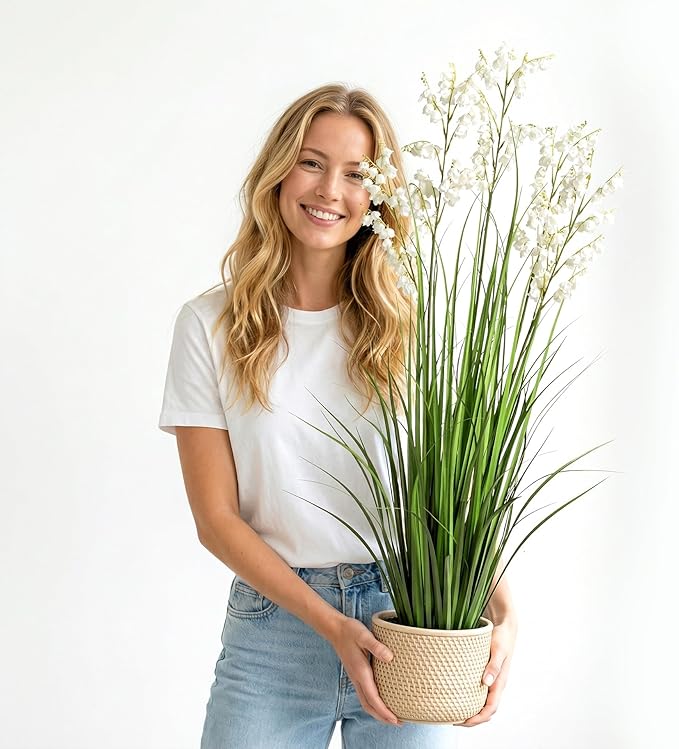 Ttranewsoo Artificial Tall Grass Plants with Pots 47“ 1 Pack Lily of The Valley Artificial Grass Home Interior Decorating and Outdoor Garden Decorations（White）