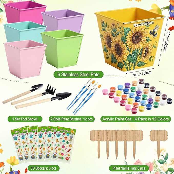 6 Pack Paint and Flower Plant Gardening Kit Stainless Steel Pots Colorful Metal Iron Flower Pots Acrylic Paint Gardening Tools Brushes Stickers for DIY Garden Painting Crafts
