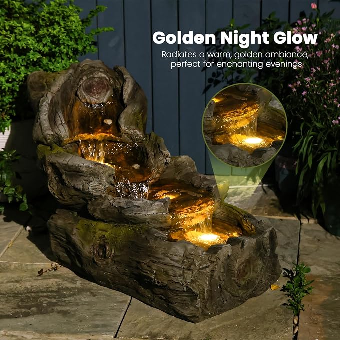 Sunlinua 23.62" L Outdoor Water Fountain with 3 Tiers Cascading Realistic Tree Trunk Waterfall Fountains with LED Lights Outdoor Water Fountain for Garden Patio Backyard Porch Home Decor