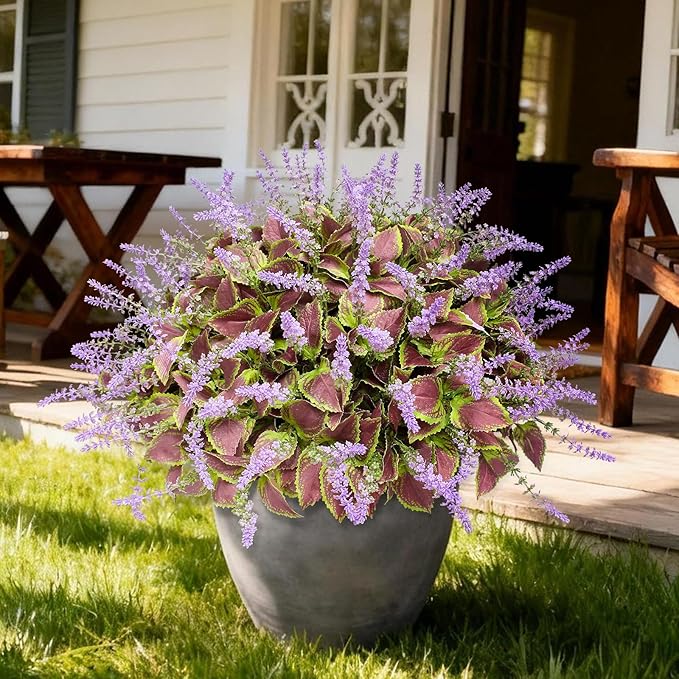 12 Bundles Artificial Coleus Flowers | UV Resistant No Fade Silk Faux Plants | Spring Summer Outdoor Fake Greenery for Garden Patio Planters Front Porch Pathway Decor (Purple)
