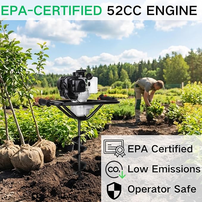 DC HOUSE 52cc 1800W Gas Powered Earth Auger EPA Certified Post Hole Digger, with 2 Drill Bits 6" 10", Mixing Ratio 30:1, for Fence, Farmland and Garden