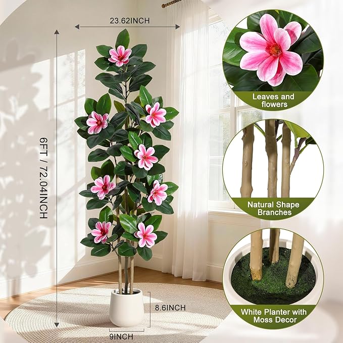 GarveeHome Faux Rubber Tree, 72 Inch Artificial Plants Indoor with Real Touch Leaves and Multi Trunks, Artificial Tree Fake Potted Plants with Pink Flowers for Home Decor Office Living Room