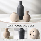 Ceramic Vase Set, Small Rustic Distressed Flower Vase in Pottery Decor, Modern Boho Farmhouse Decor for Pampa Grass, Dried & Fresh Flowers, Decorative Vase for Living Room, Kitchen, Entryway, Black