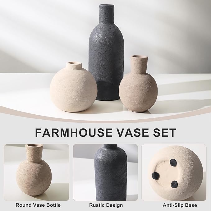 Ceramic Vase Set, Small Rustic Distressed Flower Vase in Pottery Decor, Modern Boho Farmhouse Decor for Pampa Grass, Dried & Fresh Flowers, Decorative Vase for Living Room, Kitchen, Entryway, Black