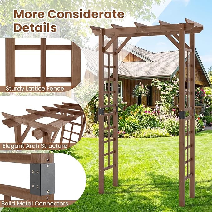 Giantex 7FT Wood Garden Arbor Trellis, Wooden Wedding Arch for Ceremony Party, Outdoor Archway Pergola for Climbing Plants, Pathway, Yard, Garden Decor, Easy Assembly (Dark Brown, 55''W x 85''H)