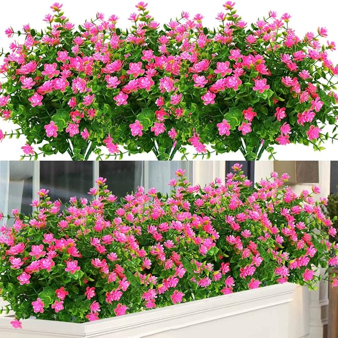 12 Bundles Outdoor Artificial Flowers UV Resistant Fake Boxwood Plants, Faux Greenery for Indoor Outside Hanging Plants Garden Porch Window Box Home Wedding Farmhouse Décor (Pink)