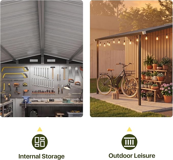 Aoxun 6x10 FT Outdoor Storage Shed Metal Lean-to Sheds with Gazebo,Lights,Open-Sided Pergola Garden Sheds with Lockable Doors,Sloped Roof,Windows, 2 in 1 Large Tool Shed for Patio,Backyard,Lawn