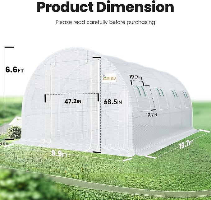 KING BIRD Premium 20x10x6.6FT Greenhouse for Outdoors, Large Walk-in Upgraded Galvanized Metal Frame, Mesh Door Screen Window Improved Zipper Tunnel Hoop for Garden Plant Winter, 2 Stiffeners, White