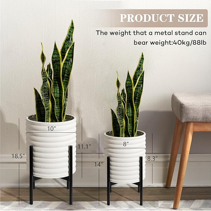 Oakrain Plants Pots with Stand, Set of 2 Indoor Planter Pots, Mid-Century Decorative Metal Flower Pots with Drainage for Living Room, Office, Garden, Balcony, 8"&10", Textured White