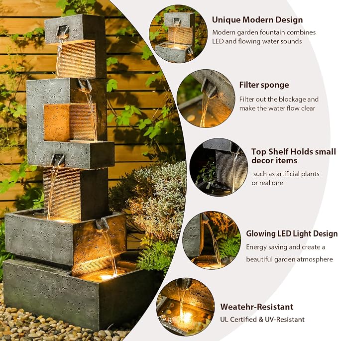 48" Tall Modern 4-Tier Outdoor Water Fountain with LED Lights, Freestanding Cascading Waterfall for Garden, Patio, Porch & Yard Décor Outdoor Clearance