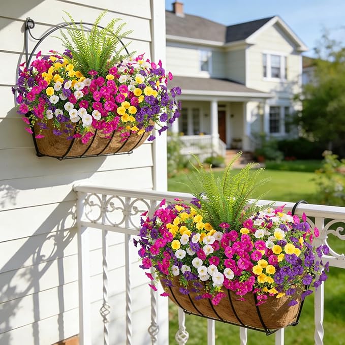 Artificial Flowers Fake Plants for Outdoors Decoration, 12 Bundles Silk Morning Glory with Boston Fern Realistic UV Resistant Faux Spring Flowers for Outside Planter Yard Patio Garden Home Indoor Urn