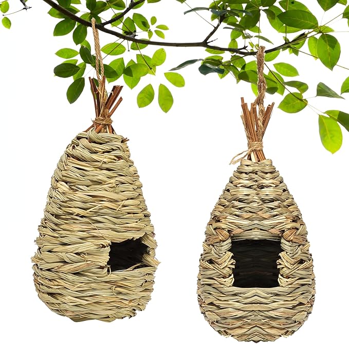 Gute Hummingbird Houses for Outside Hanging, Natural Grass Hanging Bird Hut, Hand Woven Hummingbird Nest, Large Wren Finch Bird House for Garden Window Outdoor Home Decoration, Set of 2