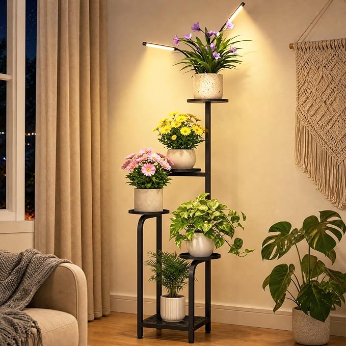 TOSKING 47" Tall 5-Tier Square Iron Plant Stand with Detachable Grow Light ,Heavy Duty Corner Flower Shelf for Indoor Use, Metal Pot Rack for Living Room, Bedroom, Office, Black