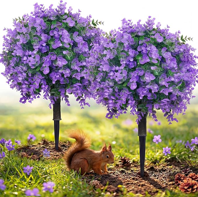 PATIO CHOICE Topiary Trees Artificial Outdoor Boxwood Ball Trees with Lavender Set of 2 22" Artificial Faux Plants Realistic Bushes Fake Shrubs Decorations for Outdoor Indoor Front Porch Garden