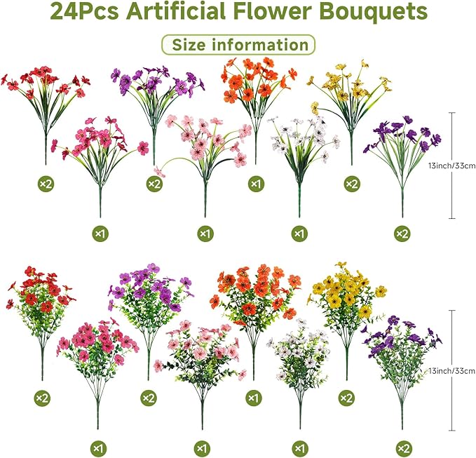 Alupssuc 24 Bundles Artificial Flowers for Outdoors Decoration, UV Resistant Silk Faux Daisy Flora Spring Fake Plastic Plants Greenery for Outside Indoor Yard Home Porch Window Box Decor, Mix 8 Colors