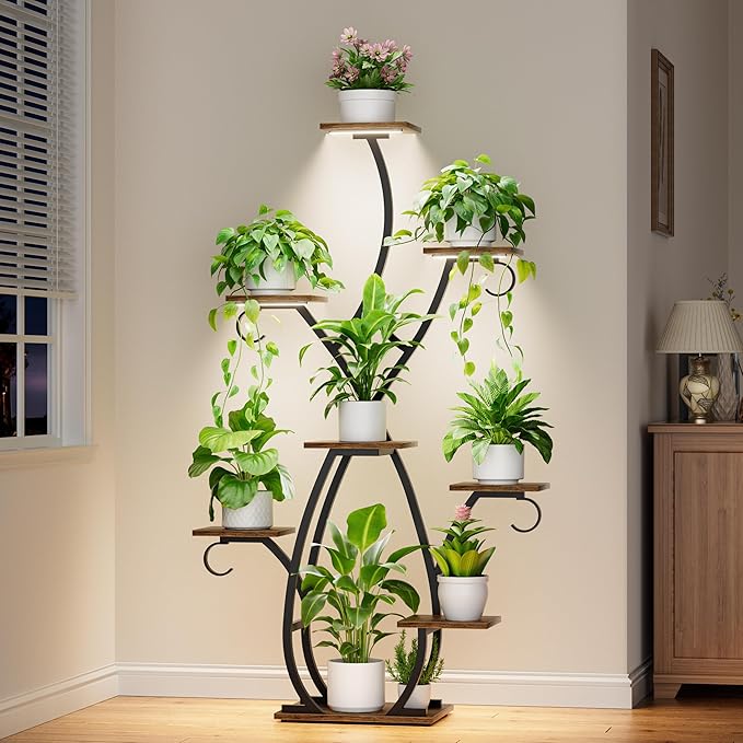 EVAWOO Plant Stand Indoor with Grow Lights - 58" Tall Plant Shelf Indoor, 8 Tiered Corner Lighted Plant Stand for Indoor Multiple Plants, Metal Flower Stands Display Rack for House, Patio, Black