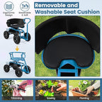 Goplus Garden Seat with Wheels, Rolling Gardening Stool with Adjustable 360° Swivel Seat, Tool Tray & Storage Basket, Extendable Handle, Outdoor Gardening Scooter, Garden Cart Workseat for Seniors
