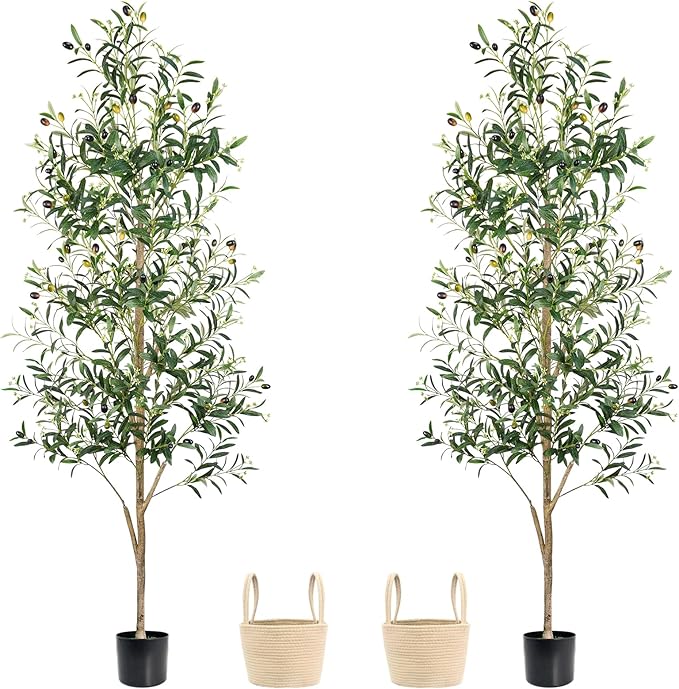 Caxchiling Faux Olive Tree 6FT, Artificial Potted Tree with Planter, Silk Plants Indoor Outdoor, Lifelike Olive Plants with Natural Wood Trunk, Fruits and Buds, Home Office Decor, 2 Pack