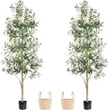 Caxchiling Faux Olive Tree 6FT, Artificial Potted Tree with Planter, Silk Plants Indoor Outdoor, Lifelike Olive Plants with Natural Wood Trunk, Fruits and Buds, Home Office Decor, 2 Pack