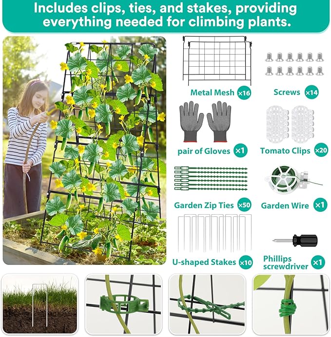 2Packs 17 x 42 Inch Garden Trellis for Raised Beds Foldable Climbing Plant Support Cucumber Trellis Outdoor A-Frame Metal Vegetable Bean Trellis with Garden Supplies for Grape Tomato Peas Flower