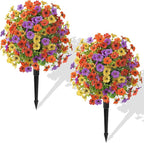 Alupssuc 2Pcs 20" Artificial Topiary Ball Flowers, Spring Outdoor Decoration with Spike, UV Resistant Faux Summer Plants, Faux Bushes Plants, Red Purple Yellow Orange for Garden, Porch Decor