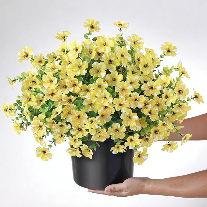 Artificial Morning Glory & Eucalyptus Topiary Trees - Set of 2 Faux Silk Flower Potted Plants, UV-Resistant Fake Outdoor Morning Glory Bushes for Front Door, Yard, Farmhouse, Garden Decor (Yellow)