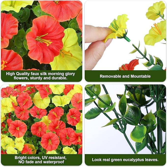 HyeFlora Artificial Flowers for Outdoors Fake Plants Outside Decoration, 12 Bundles Silk Colorful Morning Glory with Eucalyptus UV Resistant Realistic Faux Flowers for Planter Porch Patio Yard Garden