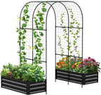 DoCred 3 in 1 Galvanized Raised Garden Bed, 2Pcs Garden Planter Box with 87" H Trellis for Climbing Plants, Outdoor Gardening Raised Beds with Climbing Net for Fruits, Vegetables, Flower (Black)