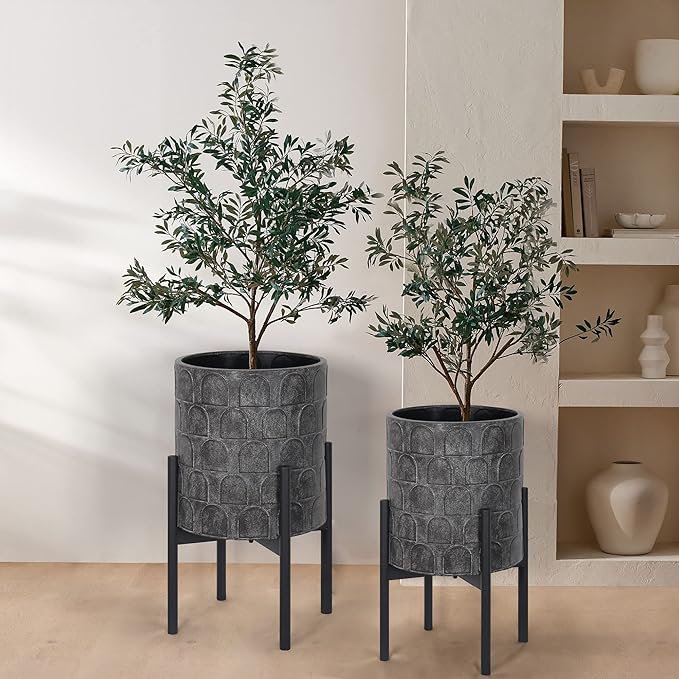 Oakrain Planters for Indoor Plants, Set of 2 Modern Planter with Stand, Decorative Metal Planter Pots for Living Room, Office, Garden, Balcony, 8"&10", Rustic Gray