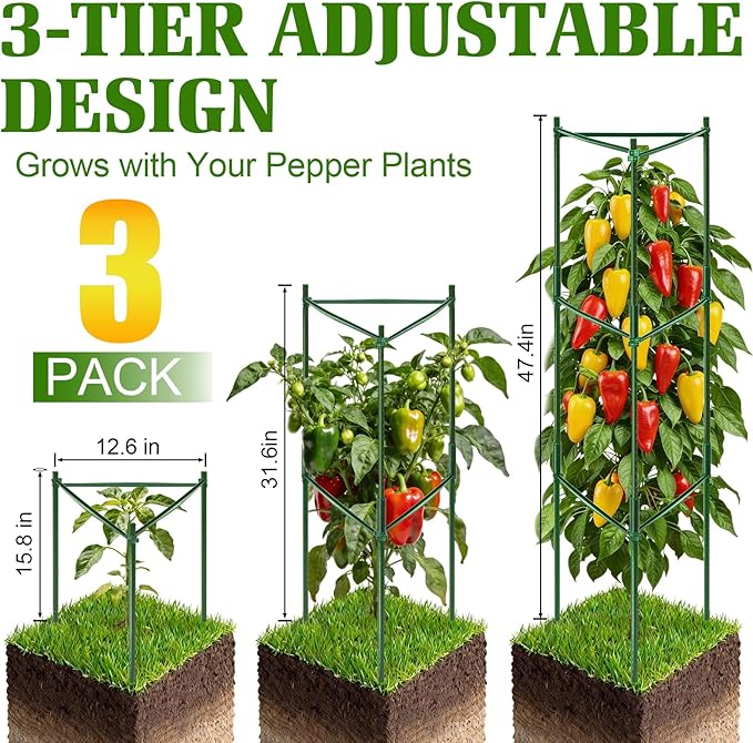 3 Pack Pepper Cages for Garden, 48" Adjustable 1–3 Tier Pepper Plant Support, Heavy Duty Steel Pepper Cage, Rust-Resistant Triangle Frame for Grow Bags, Patio & Raised Beds, Tomato Cage Alternative