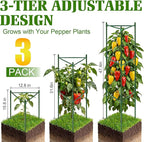 3 Pack Pepper Cages for Garden, 48" Adjustable 1–3 Tier Pepper Plant Support, Heavy Duty Steel Pepper Cage, Rust-Resistant Triangle Frame for Grow Bags, Patio & Raised Beds, Tomato Cage Alternative
