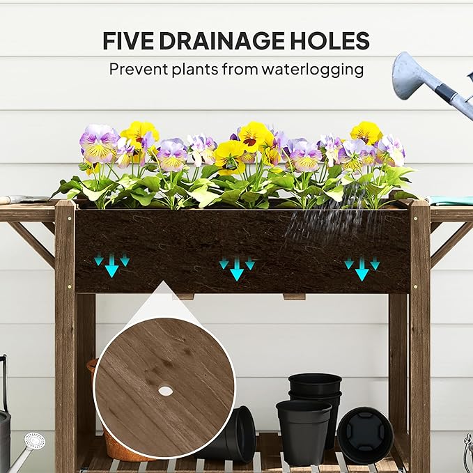 Outsunny Raised Garden Bed, 57 x 20.5 x 34 in Wood Elevated Planter Box with Lockable Wheels, Side Tables and Bottom Shelf, Outdoor Raised Planter with Bed Liner and Drainage Holes, Carbonized