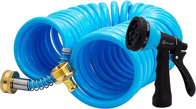 AUTOMAN EVA Recoil Garden Hose 25ft - Includes 7 Pattern Spray Nozzle,Curly Water Hose 25 Foot,Watering Hose Coil,Retractable,Corrosion Resistant Garden Coil Hose.Blue