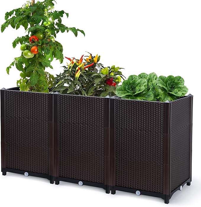 D'vine Dev Raised Patio Planter Box - Elevated Planter with Drainage Plug Raised Garden Beds for Growing Flowers, Herbs, Vegetables - Outdoor Standing Gardening Kit, Set of 3, RGB-D-3