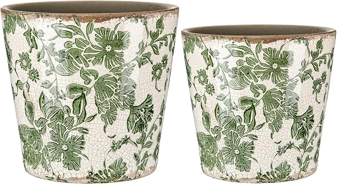 Beeveer 2 Pcs Farmhouse Ceramic Planters Gifts Set 5.1"x 5.5" Christmas Vintage Flowers Pots Green Ice Crackle Glazed Plants Pots with Drainage for Rustic Boho Indoor Outdoor Plants Home Office Decor