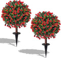 Artificial Boxwood Topiary Ball Trees with Red Rose, Set of 2 UV Resistant Fake Evergreen Shrubs Bushes Plants with Ground Spike, 18" Fake Plants for Outdoor Indoor Front Porch Garden