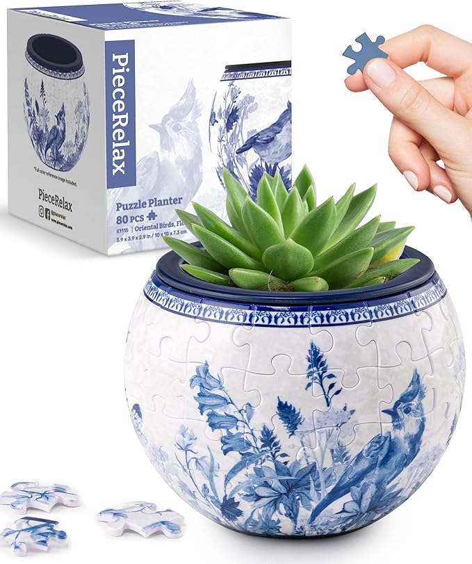 PieceRelax 3D Puzzle Planter 80 Pieces - Flower Pot - Oriental Birds and Flowers, for Mom, Home Decor Flower Pots for Indoor Cactus, Succulents Pots [K1115]
