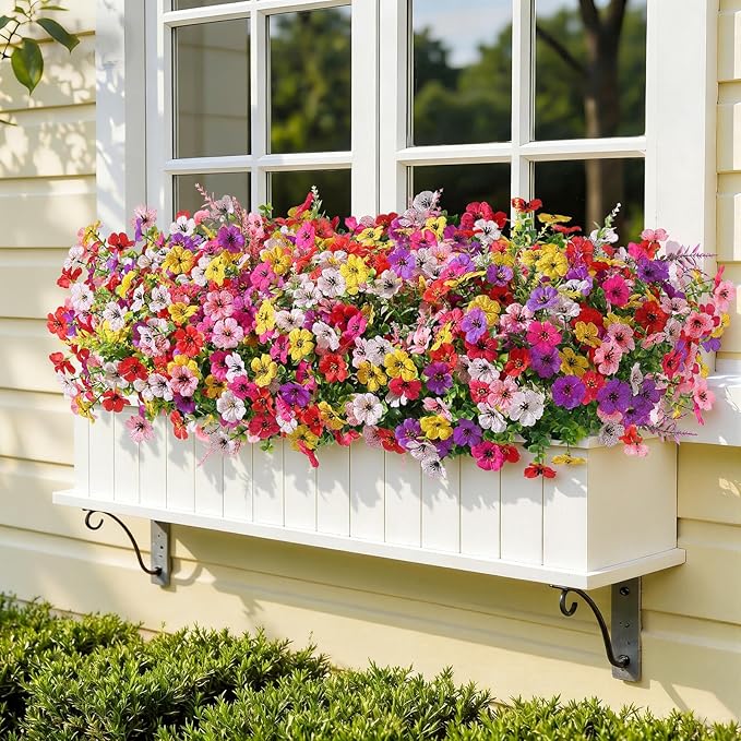 SHareconn 24 Bundles Artificial Flowers for Outdoors, Faux Plants Fake Silk Colorful Daisy Eucalyptus Lavender, UV Resistant for Outside Home Porch Patio Spring Decor, RedRosyPurpleYellowPinkWhite