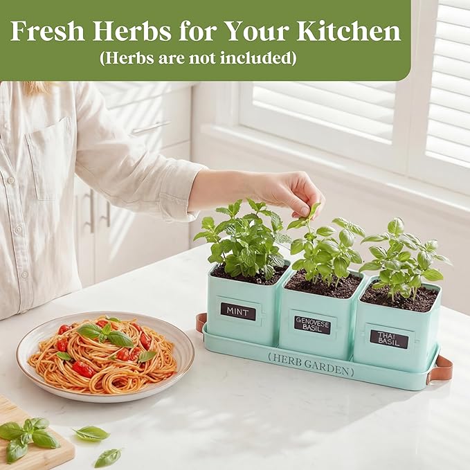 PERFNIQUE Indoor Herb Garden, Herb Planter Set with Tray, Farmhouse Indoor Plant Pots, Windowsill Herb Garden with Drainage(Planter only) for Indoor/Outdoor, Window Pots (Mint)