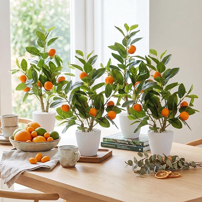 Suncalla 4 Pack Artificial Orange Potted Plants 19.7 Inches Fake Orange Tree Simulation Realistic Fruit Plant with Pot Faux Tree Indoor Decoration for Home Office Living Room Table Desk