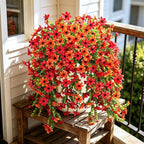 Fake Artificial Hanging Flowers for Outdoors Fake Plants Decoration, 2 Bundles Faux Silk Colorful Daisy Eucalyptus Realistic UV Resistant for Outside Home Planter Porch Patio Yard Decor(Red Orange)