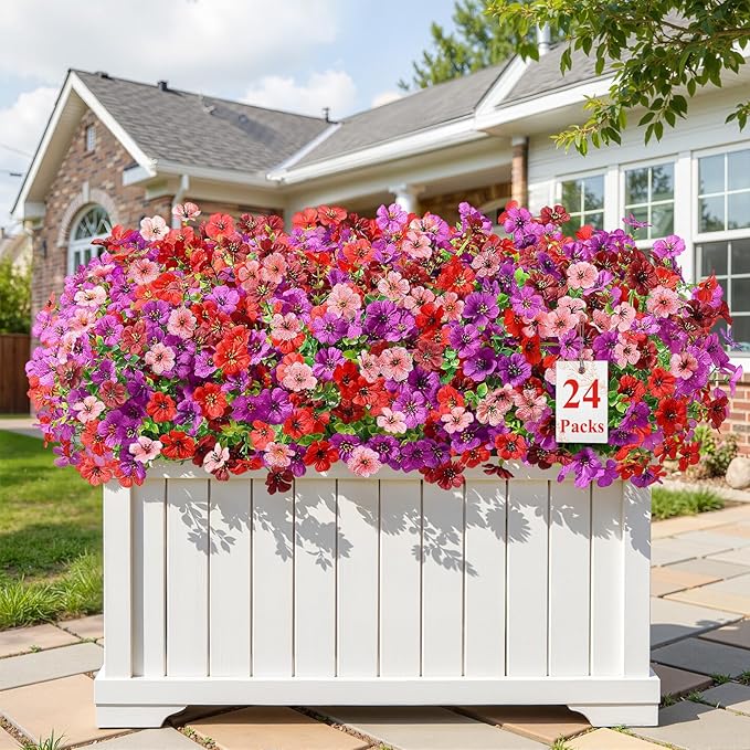 Alupssuc 24 Bundles Artificial Flowers for Outdoors Decoration, UV Resistant Silk Faux Floral Spring Summer Fake Plastic Plants Greenery for Outside Indoor Garden Porch Window Box Home Decor(4 Colors)