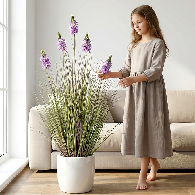 Artificial Plants Indoor Tall Grass Plants with Lilac Flower 35.4In Tall Artificial Ornamental Grass Green Onions Outdoor Fake Plants with Black Pot Home Office Decorative (1 Pack,Purple)