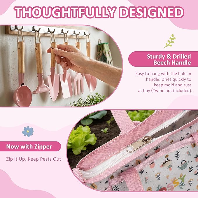 Cossy Kids Gardening Set, 13PCS Garden Tool Kit for Kids and Toddlers Boys Girls, Includes Tote Bag, Watering Can, Shovels, Rake, Kids Gardening Gloves, Apron and More, Pink