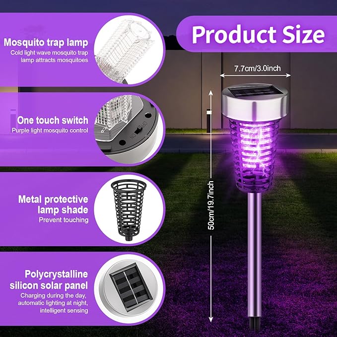 Qualirey 12 Pack Solar Bug Zapper Outdoor Waterproof Mosquito Repellent Killer Bug Zapper Lamp with LED Light for Outdoor Garden Patio Yard (Purple and Warm Light,Silver)